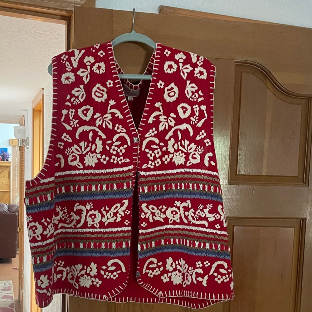 Susan Bristol Burgundy and Cream V-Neck Sweater Vest